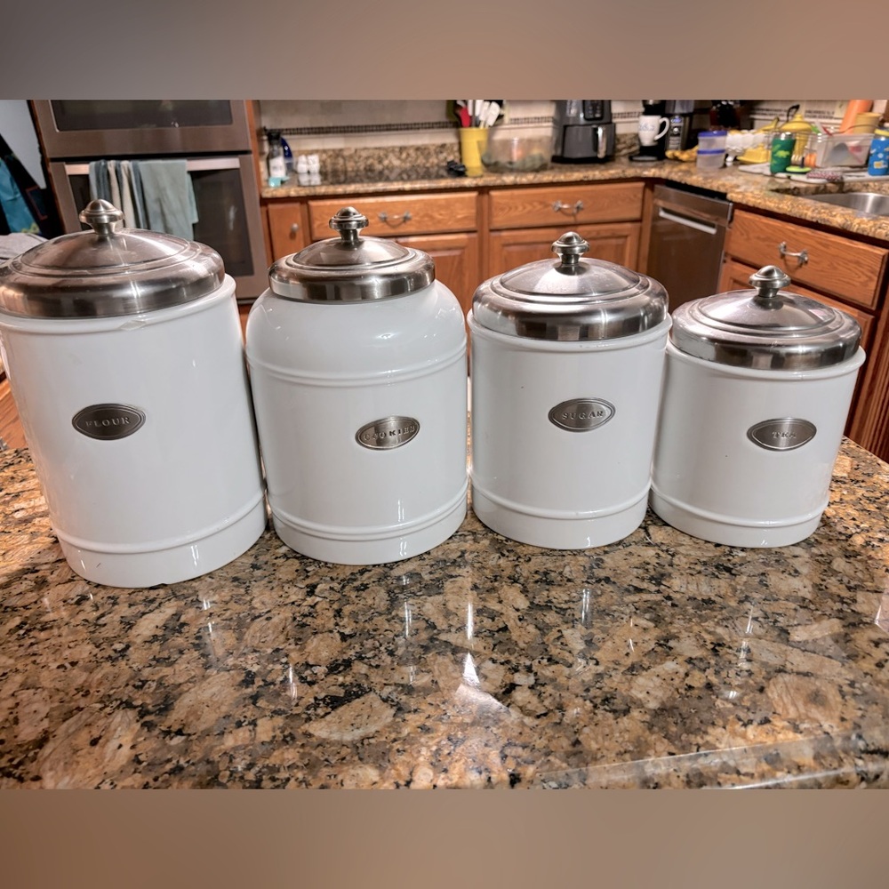 Williams Sonoma White Porcelain Canister set and cookie jar